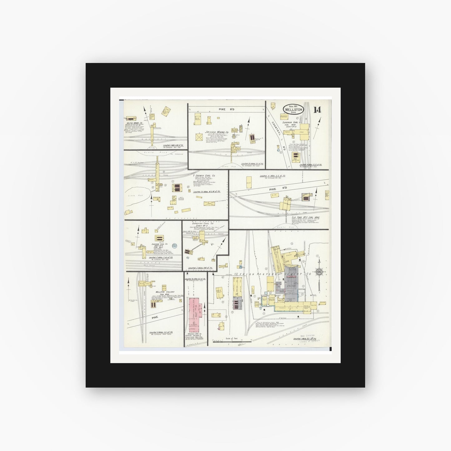 Old map wall art mockup — black gallery frame with white mat — Sanborn Fire Insurance Map from Wellston, Jackson County, Ohio (1911), Sheet #0014