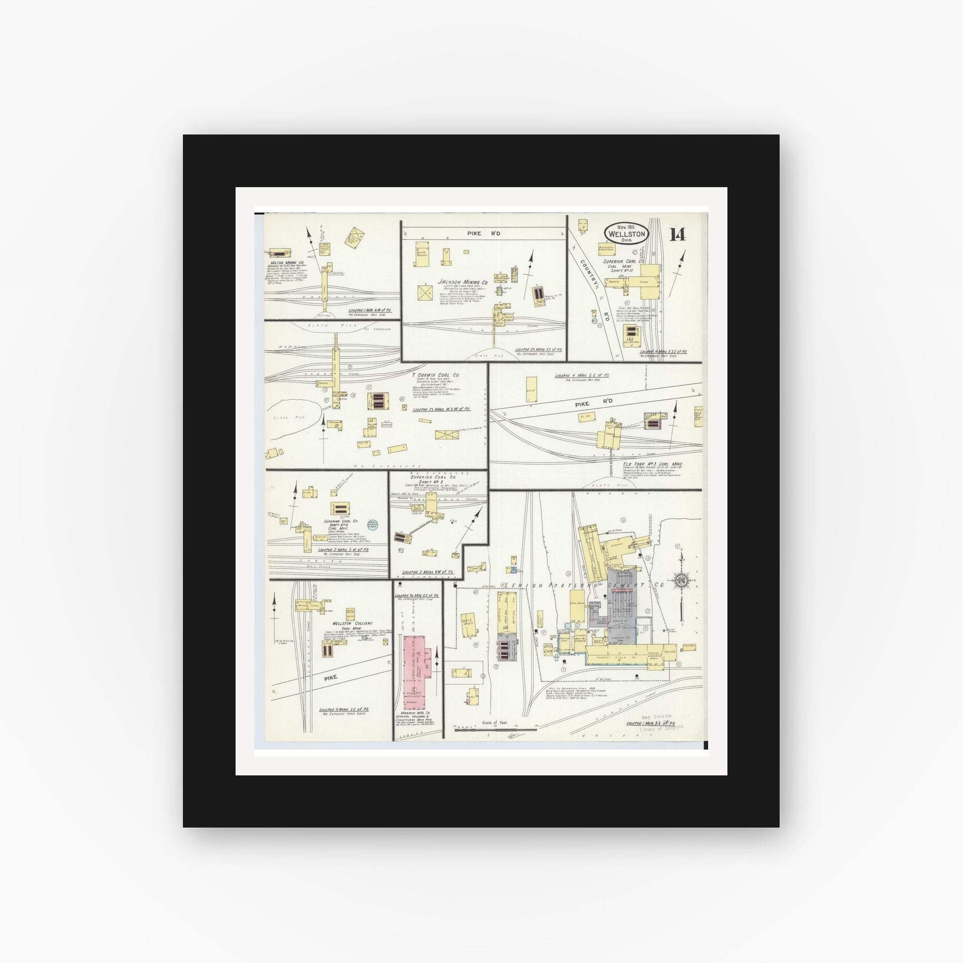 Old map wall art mockup — black gallery frame with white mat — Sanborn Fire Insurance Map from Wellston, Jackson County, Ohio (1911), Sheet #0014