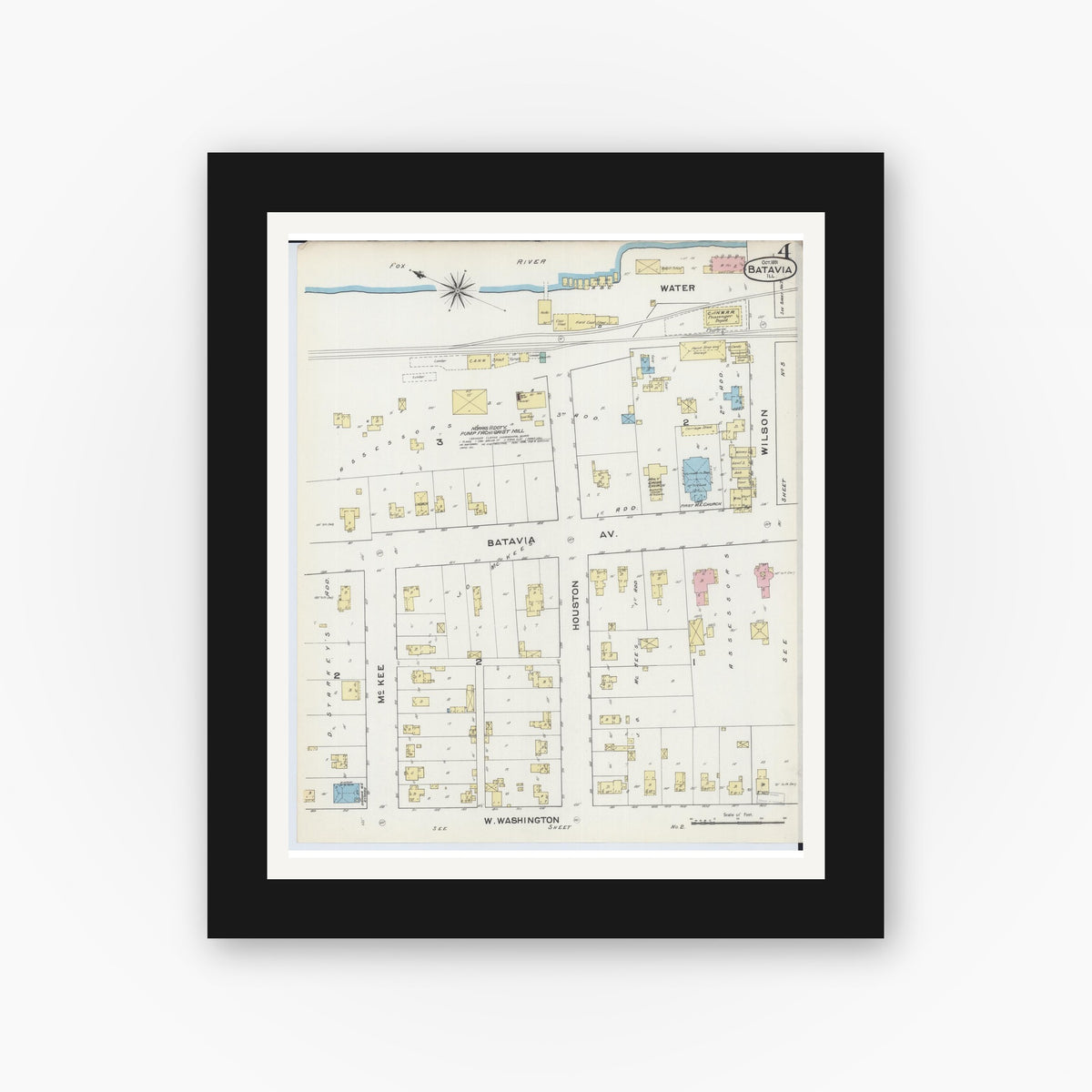 Old map wall art mockup — black gallery frame with white mat — Sanborn Fire Insurance Map from Batavia, Kane County, Illinois (1891), Sheet #0004
