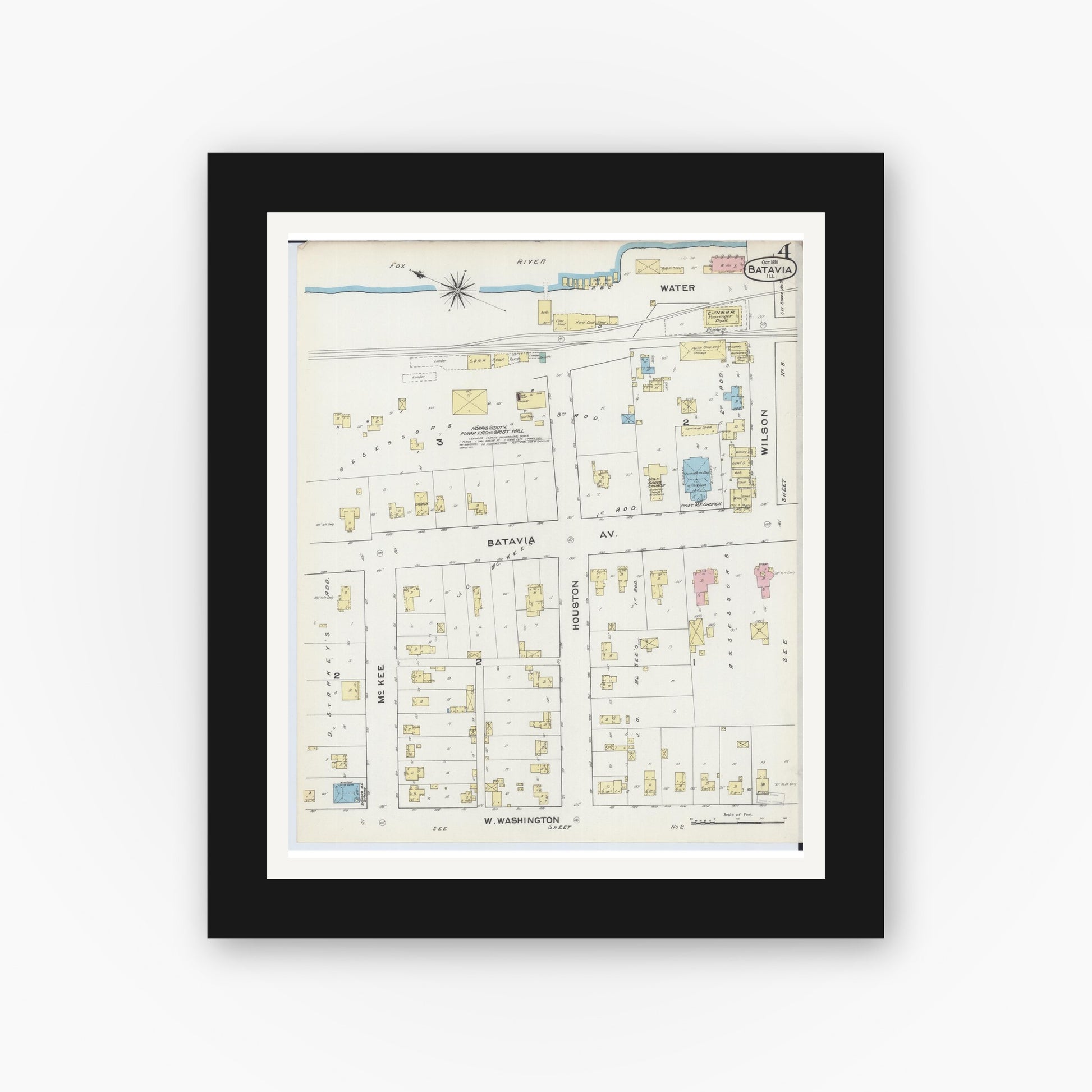 Old map wall art mockup — black gallery frame with white mat — Sanborn Fire Insurance Map from Batavia, Kane County, Illinois (1891), Sheet #0004