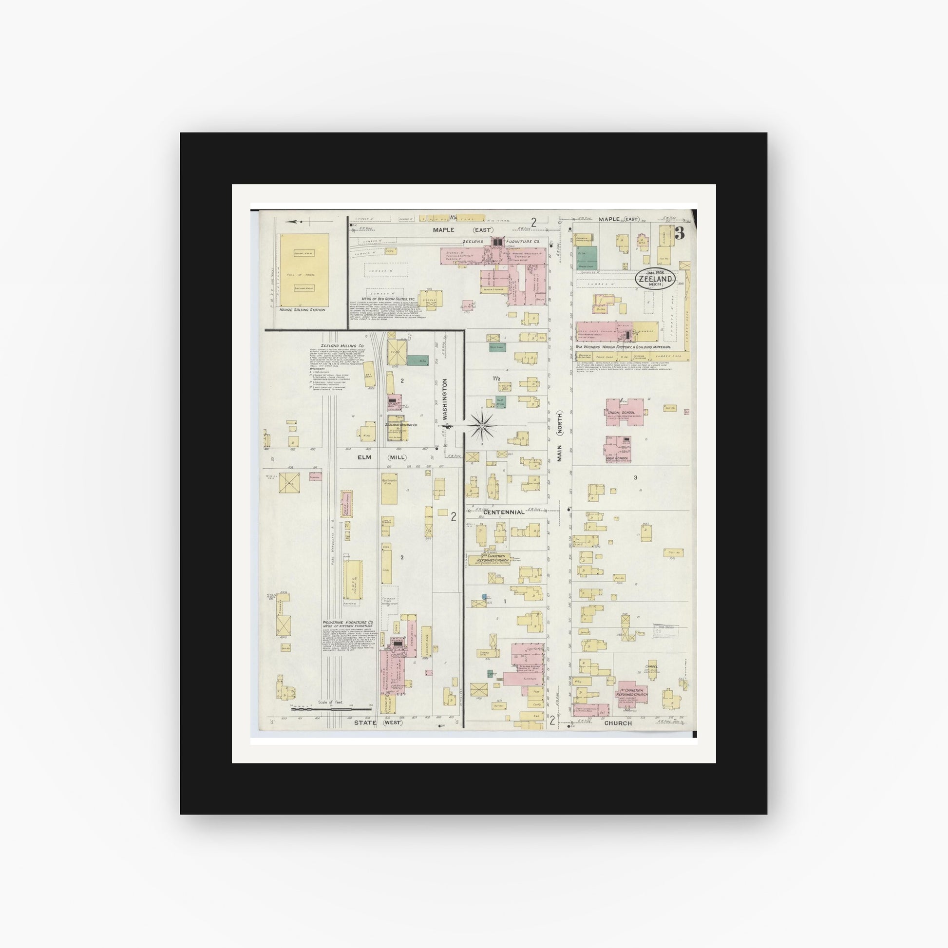 Old map wall art mockup — black gallery frame with white mat — Sanborn Fire Insurance Map from Zeeland, Ottawa County, Michigan (1908), Sheet #0003
