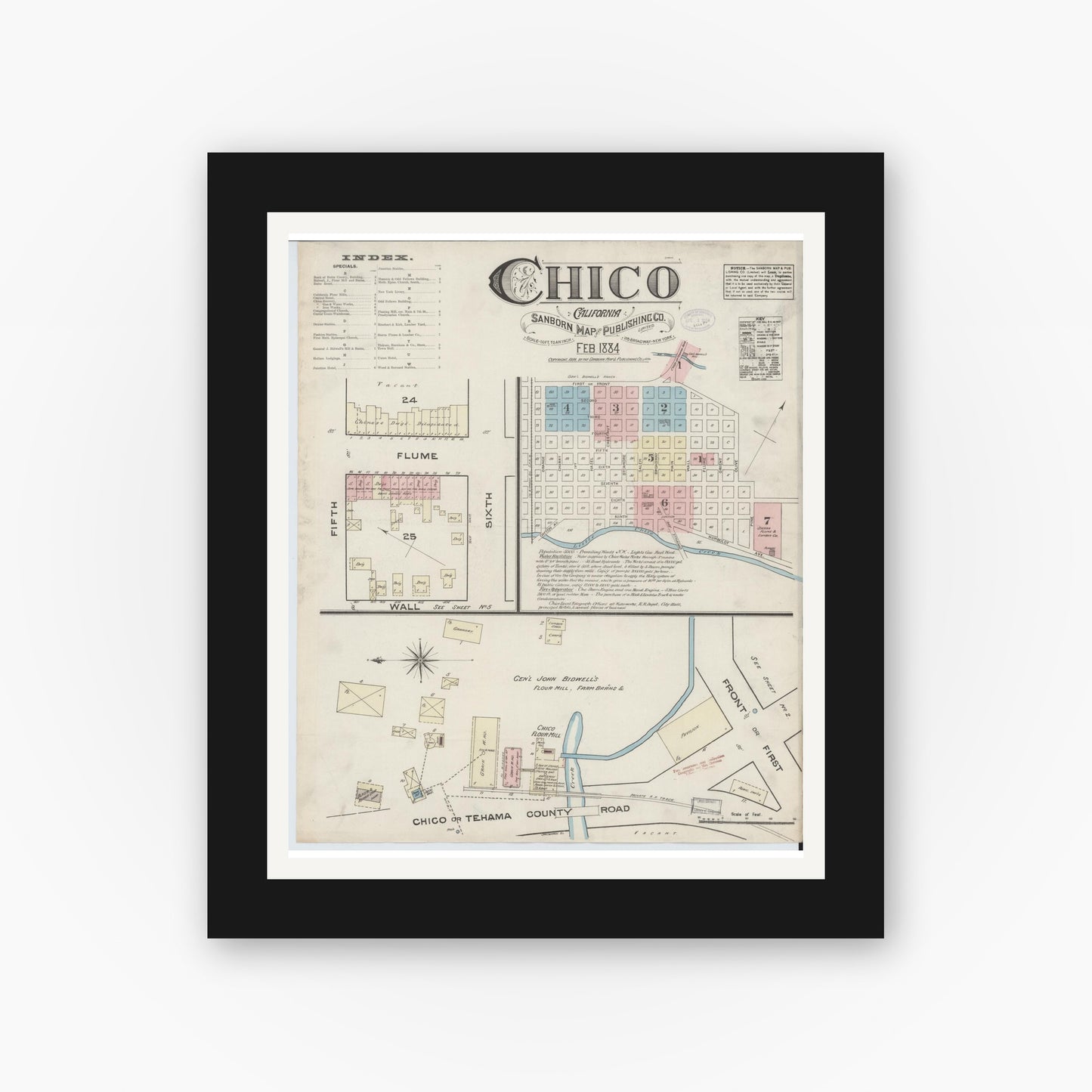 Old map wall art mockup — black gallery frame with white mat — Sanborn Fire Insurance Map from Chico, Butte County, California (1884), Sheet #0001