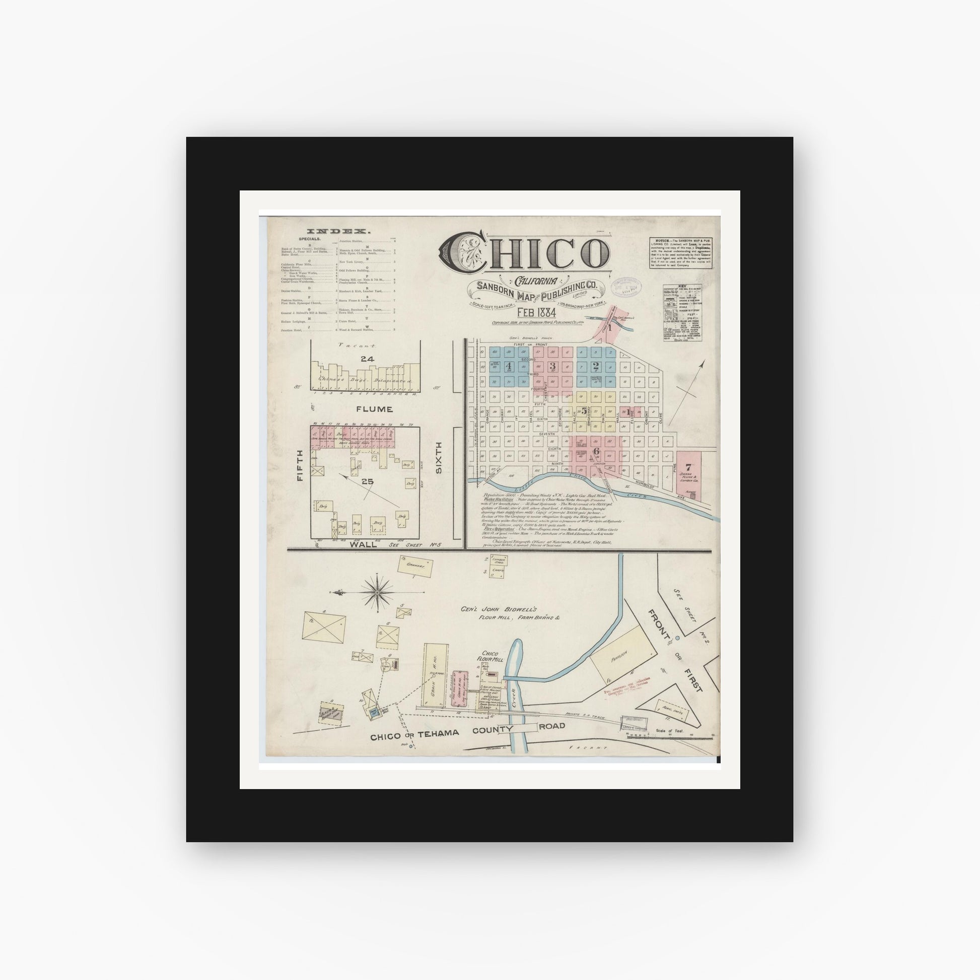 Old map wall art mockup — black gallery frame with white mat — Sanborn Fire Insurance Map from Chico, Butte County, California (1884), Sheet #0001