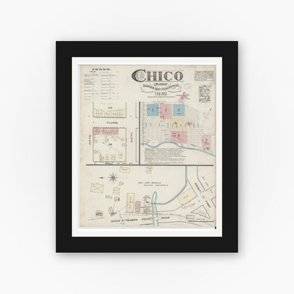 Old map wall art mockup — black gallery frame with white mat — Sanborn Fire Insurance Map from Chico, Butte County, California (1884), Sheet #0001