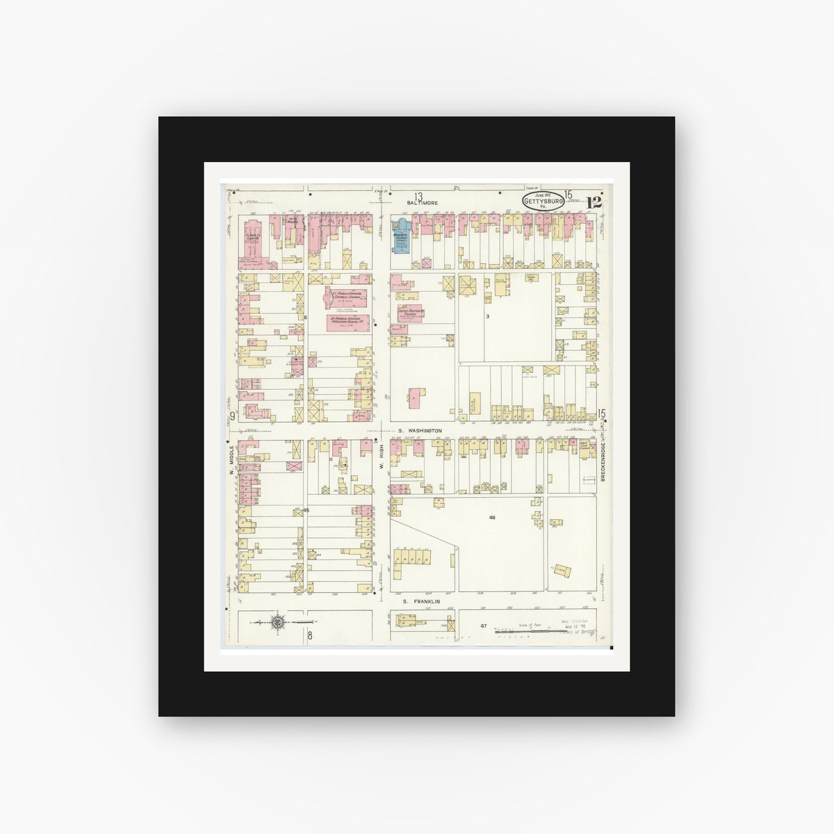 Old map wall art mockup — black gallery frame with white mat — Sanborn Fire Insurance Map from Gettysburg, Adams County, Pennsylvania (1912), Sheet #0012