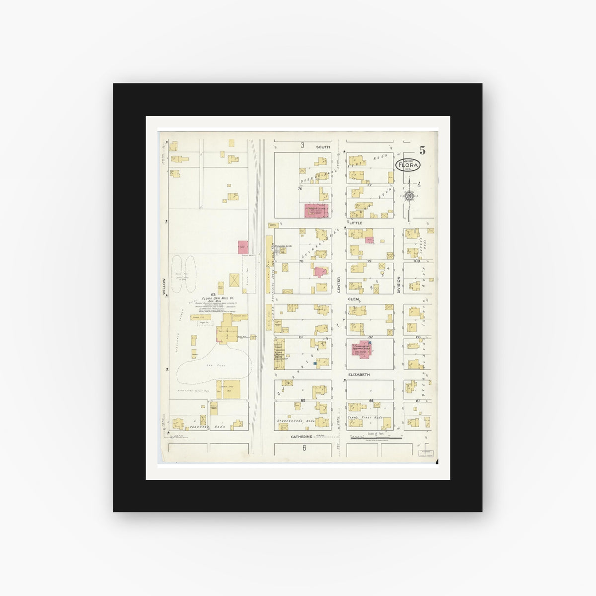 Old map wall art mockup — black gallery frame with white mat — Sanborn Fire Insurance Map from Flora, Carroll County, Indiana (1917), Sheet #0005