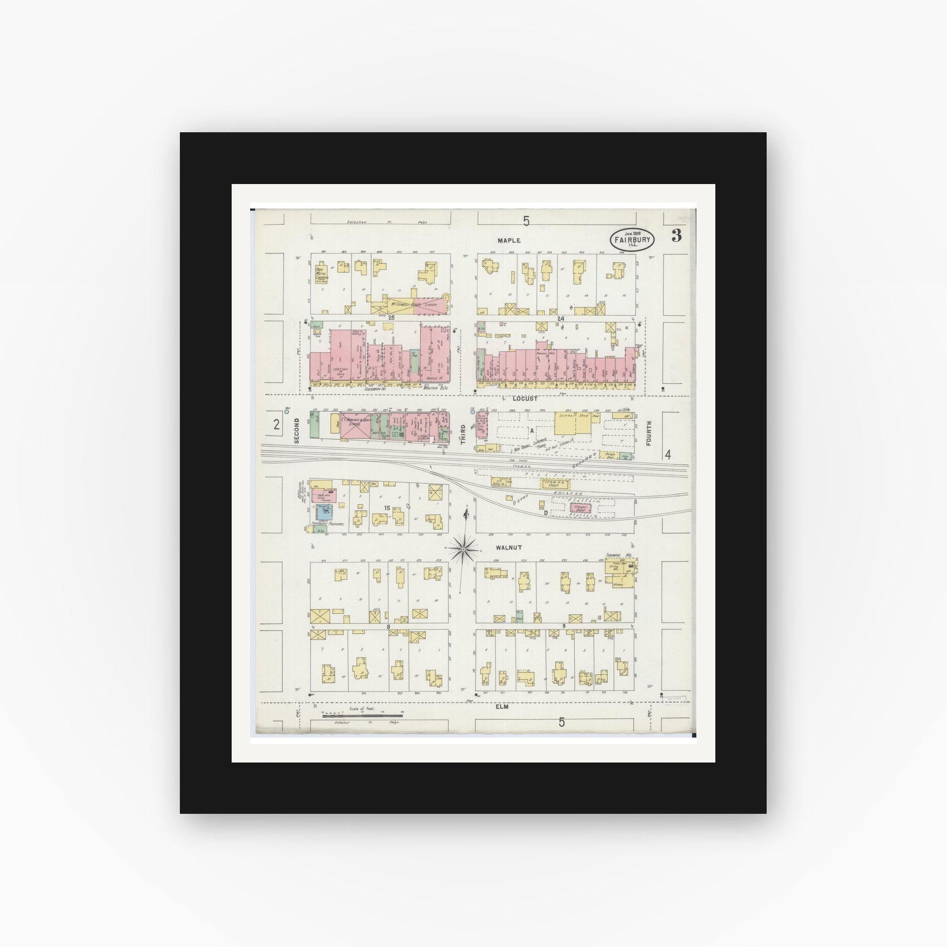 Old map wall art mockup — black gallery frame with white mat — Sanborn Fire Insurance Map from Fairbury, Livingston County, Illinois (1898), Sheet #0003