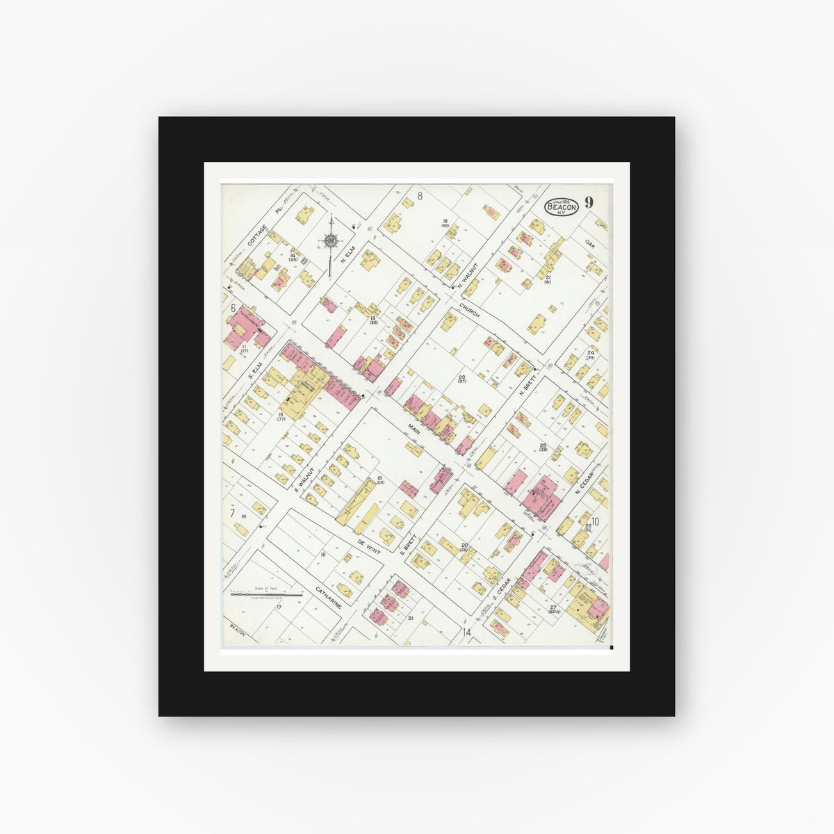 Old map wall art mockup — black gallery frame with white mat — Sanborn Fire Insurance Map from Beacon, Dutchess County, New York (1919), Sheet #0009