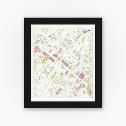 Old map wall art mockup — black gallery frame with white mat — Sanborn Fire Insurance Map from Beacon, Dutchess County, New York (1919), Sheet #0009