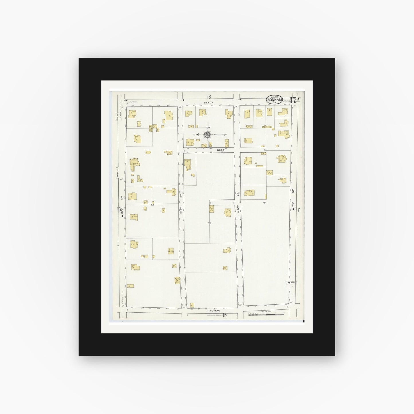 Old map wall art mockup — black gallery frame with white mat — Sanborn Fire Insurance Map from Bonham, Fannin County, Texas (1917), Sheet #0017