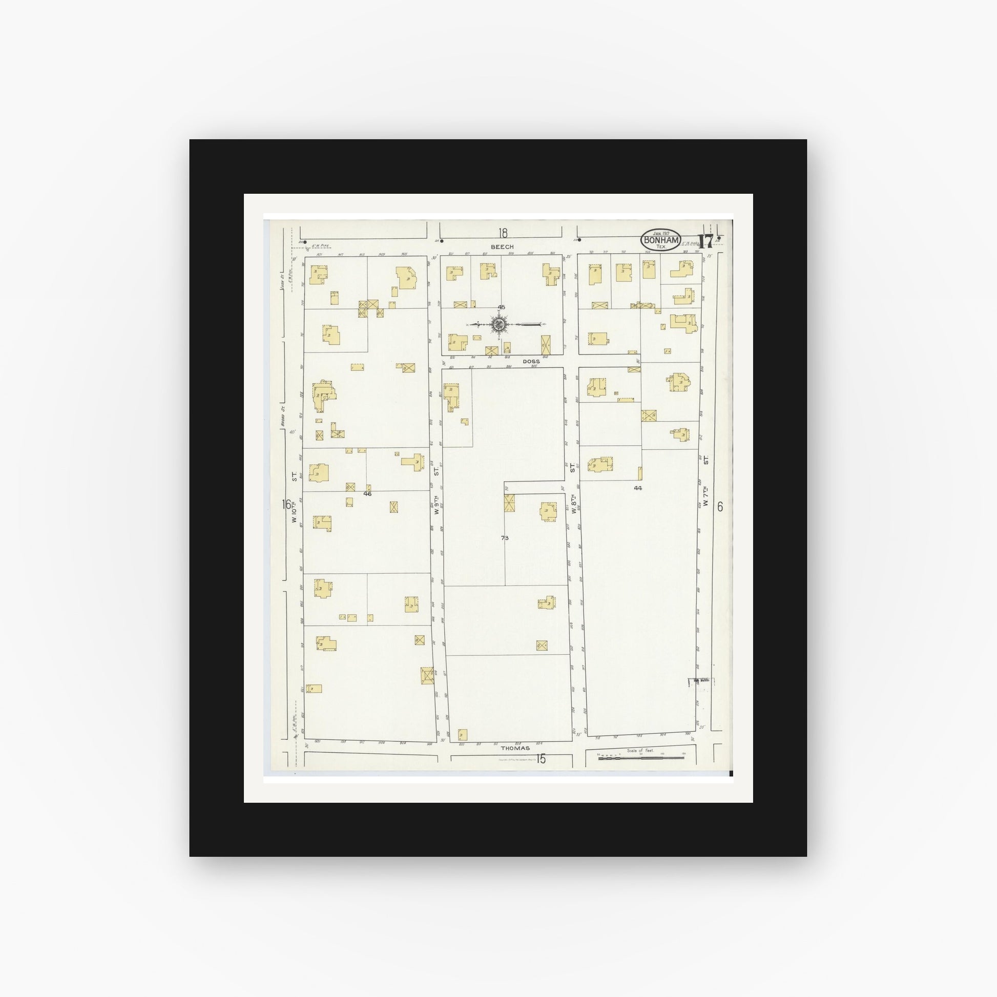 Old map wall art mockup — black gallery frame with white mat — Sanborn Fire Insurance Map from Bonham, Fannin County, Texas (1917), Sheet #0017