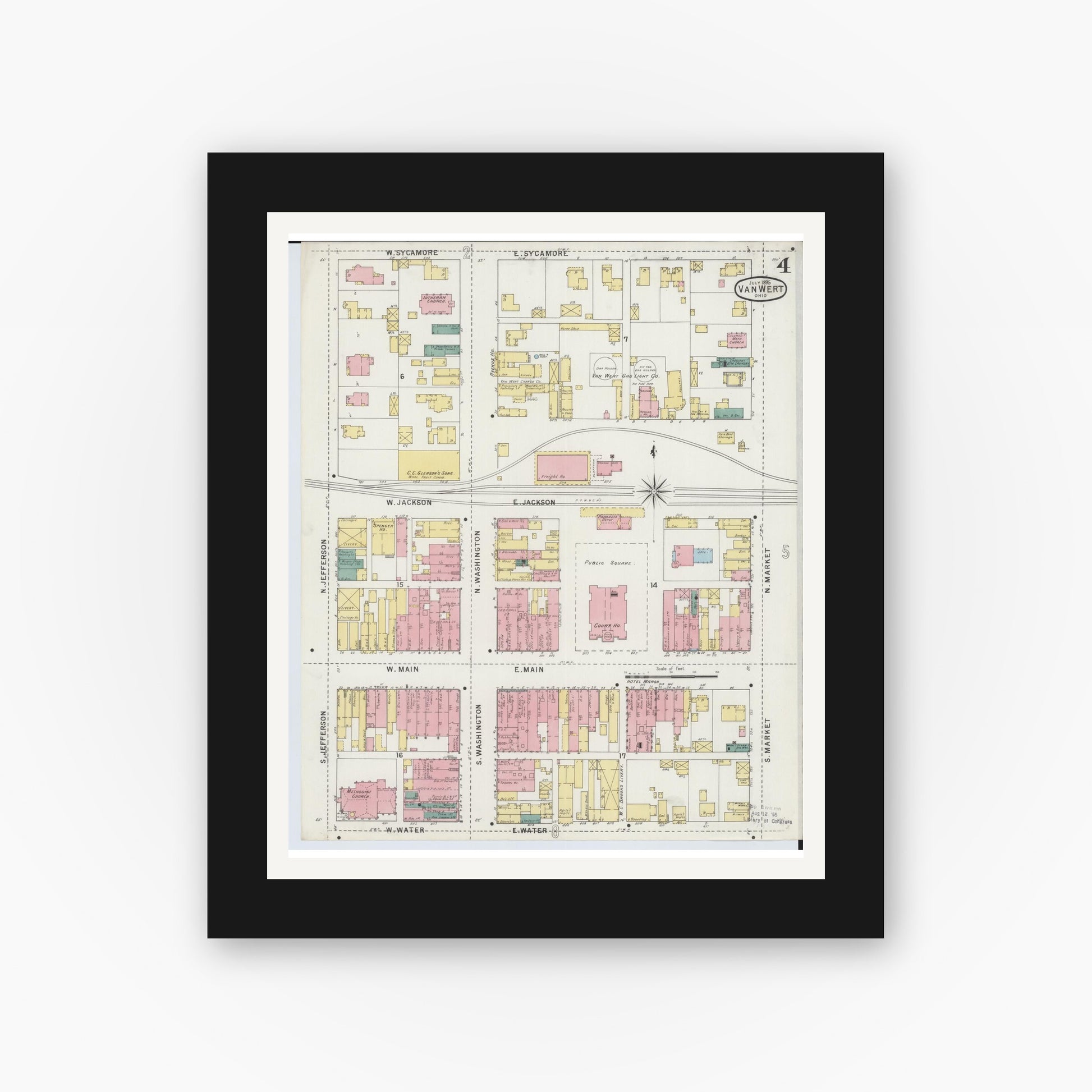 Old map wall art mockup — black gallery frame with white mat — Sanborn Fire Insurance Map from Van Wert, Van Wert County, Ohio (1895), Sheet #0004