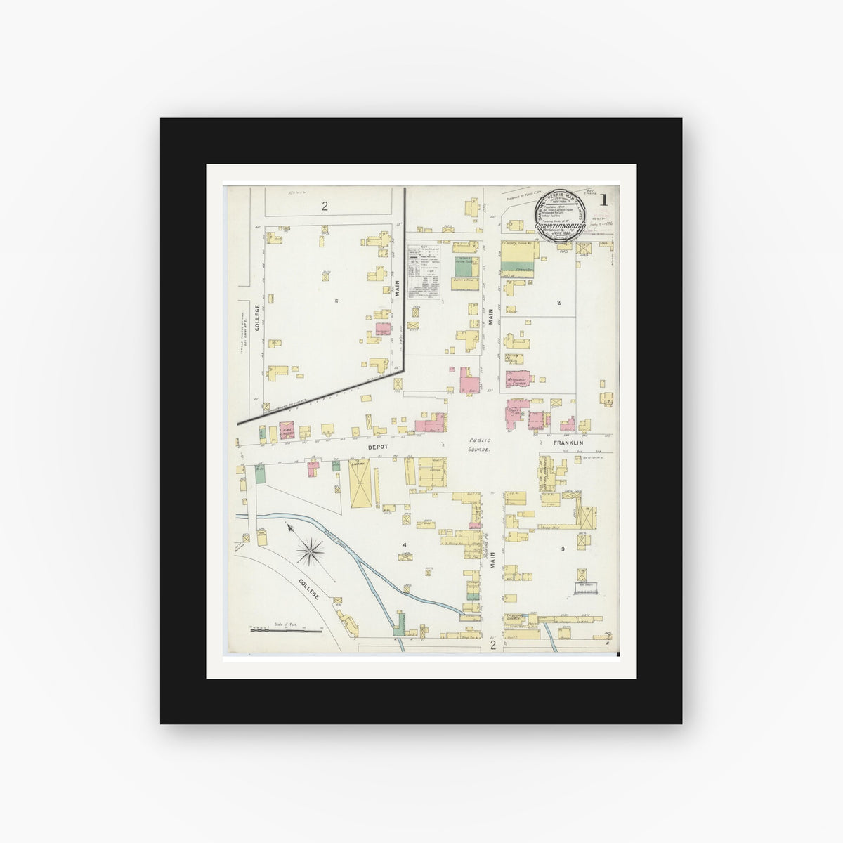 Old map wall art mockup — black gallery frame with white mat — Sanborn Fire Insurance Map from Christiansburg, Montgomery County, Virginia (1896) - Complete Map Set