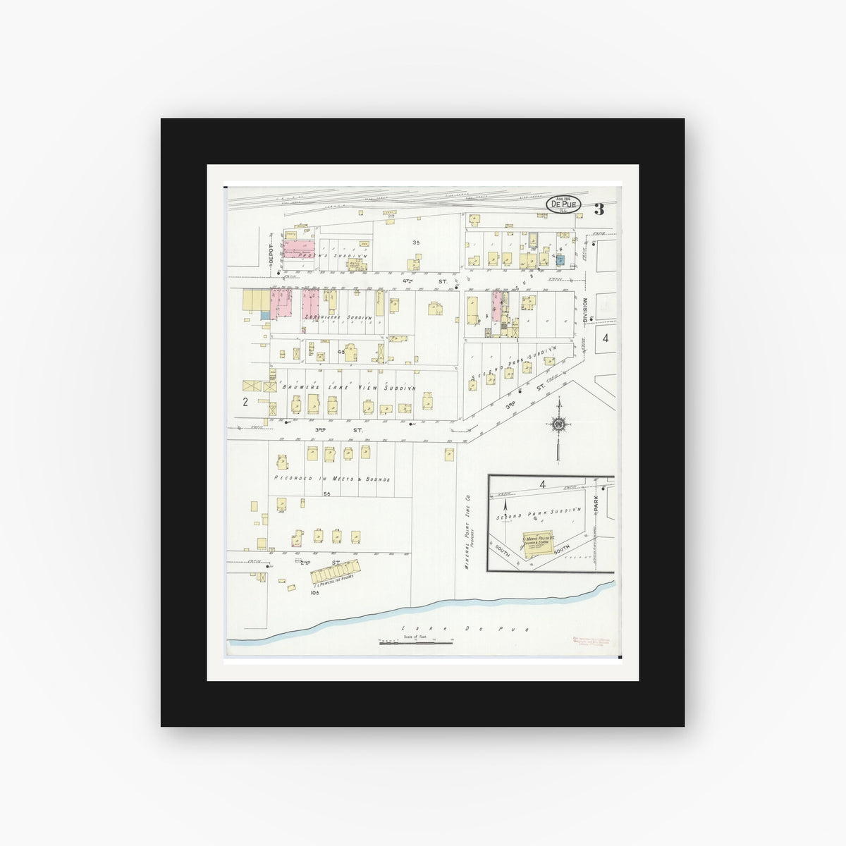 Old map wall art mockup — black gallery frame with white mat — Sanborn Fire Insurance Map from De Pue, Bureau County, Illinois (1914), Sheet #0003