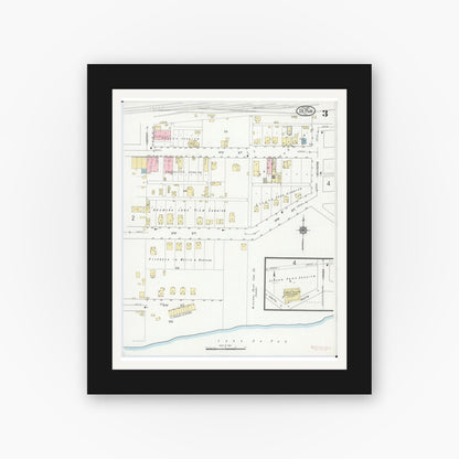 Old map wall art mockup — black gallery frame with white mat — Sanborn Fire Insurance Map from De Pue, Bureau County, Illinois (1914), Sheet #0003