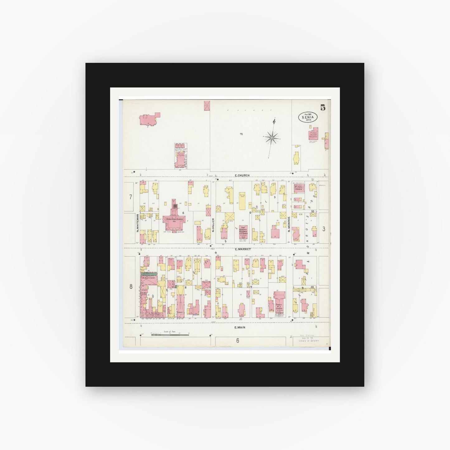 Old map wall art mockup — black gallery frame with white mat — Sanborn Fire Insurance Map from Xenia, Greene County, Ohio (1901), Sheet #0005