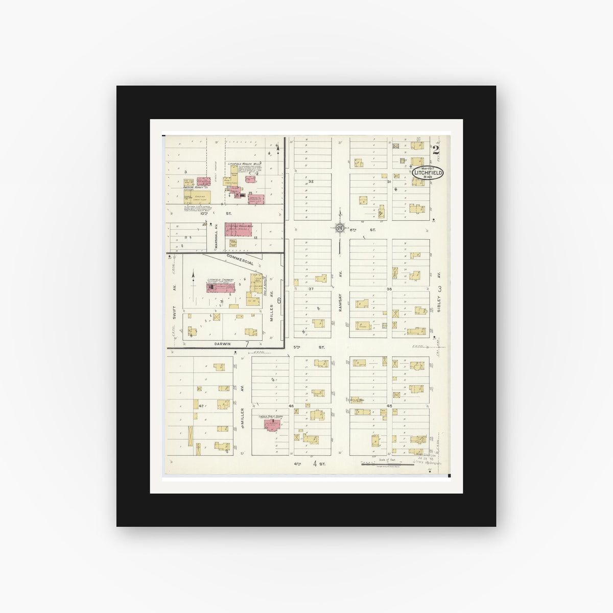 Old map wall art mockup — black gallery frame with white mat — Sanborn Fire Insurance Map from Litchfield, Meeker County, Minnesota (1917), Sheet #0002