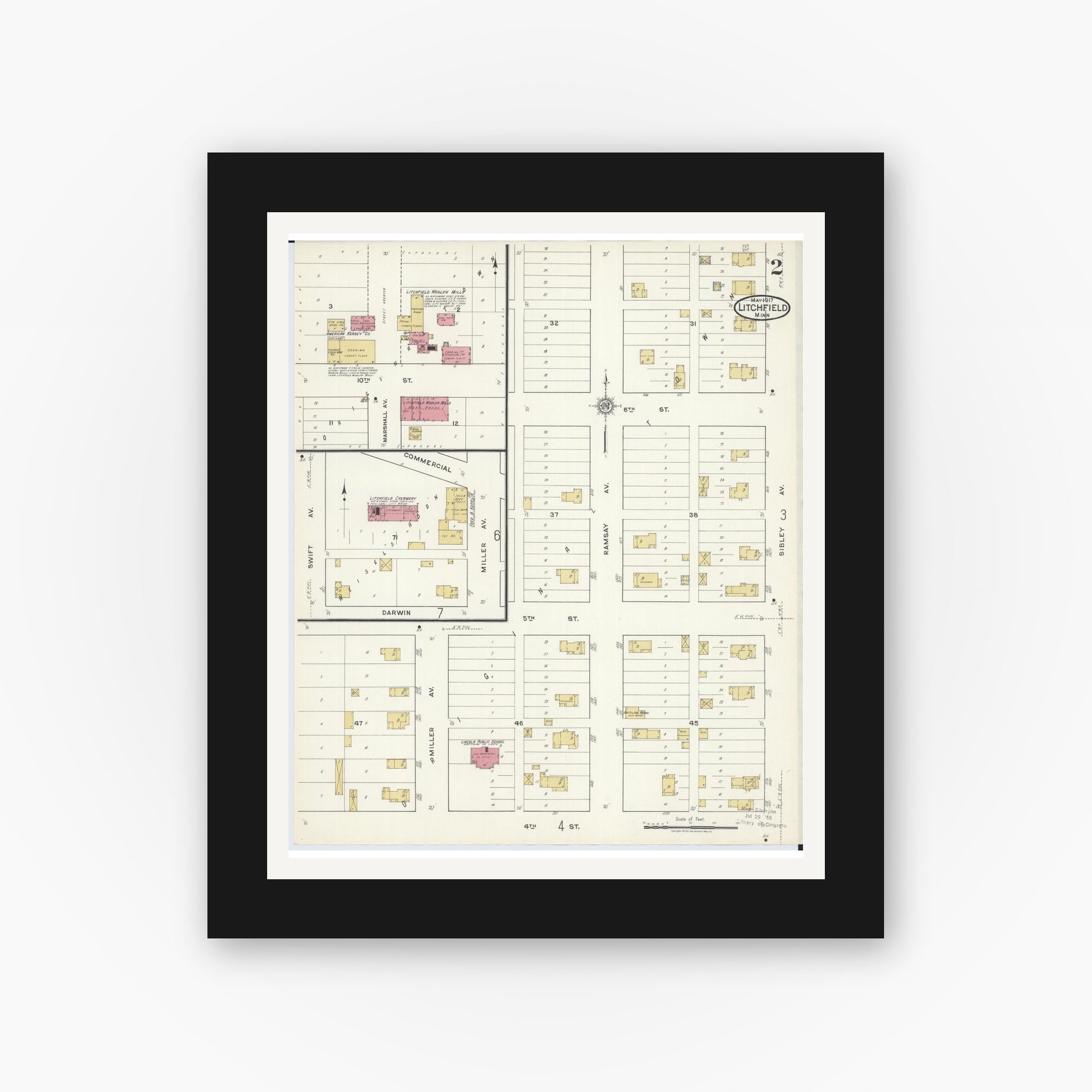 Old map wall art mockup — black gallery frame with white mat — Sanborn Fire Insurance Map from Litchfield, Meeker County, Minnesota (1917), Sheet #0002