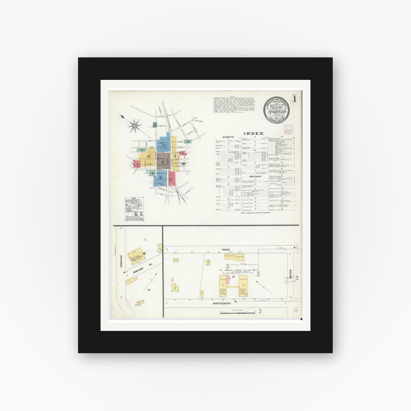 Old map wall art mockup — black gallery frame with white mat — Sanborn Fire Insurance Map from Henderson, Vance County, North Carolina (1907) - Complete Map Set
