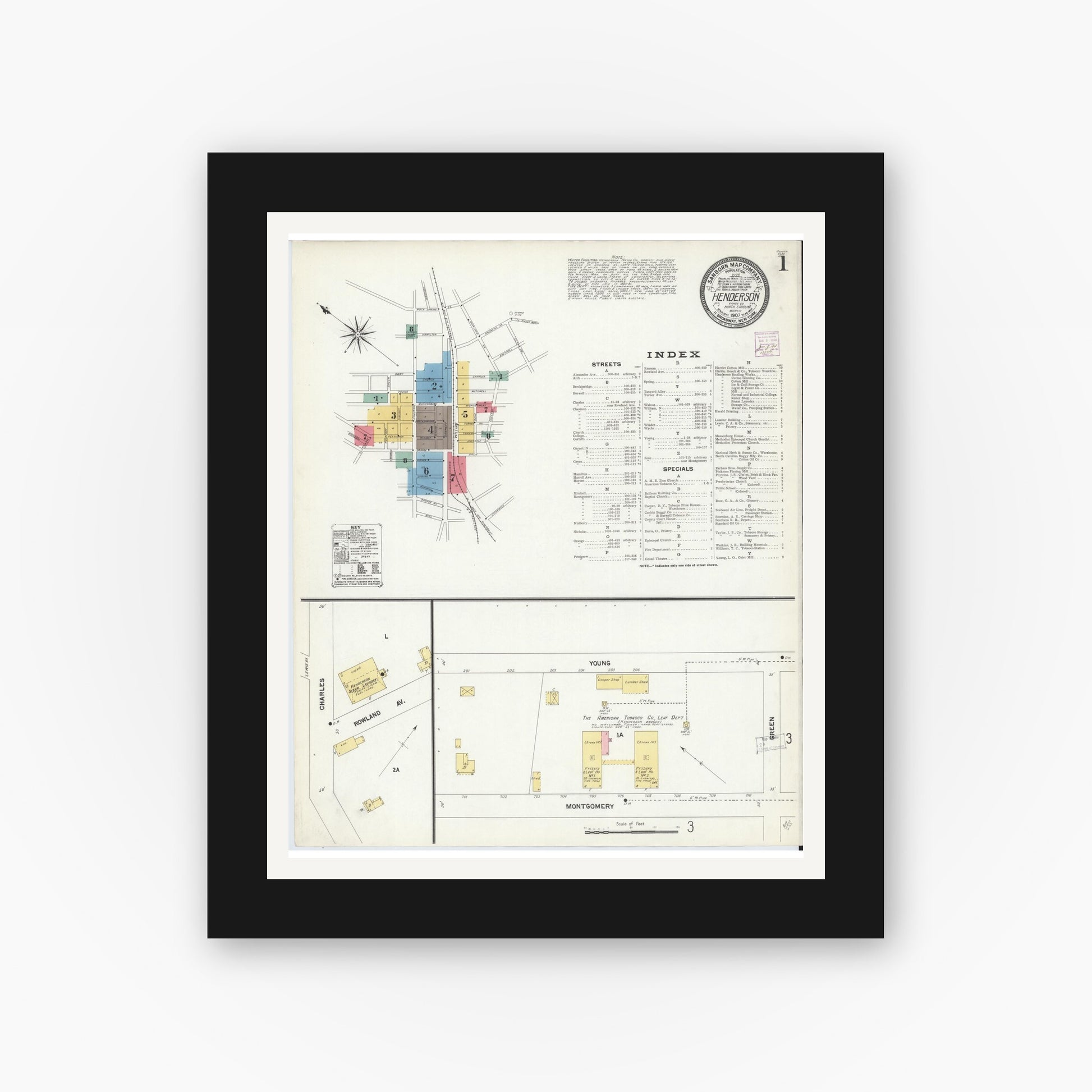 Old map wall art mockup — black gallery frame with white mat — Sanborn Fire Insurance Map from Henderson, Vance County, North Carolina (1907) - Complete Map Set