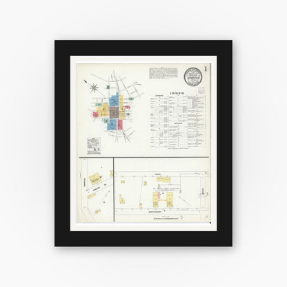 Old map wall art mockup — black gallery frame with white mat — Sanborn Fire Insurance Map from Henderson, Vance County, North Carolina (1907) - Complete Map Set