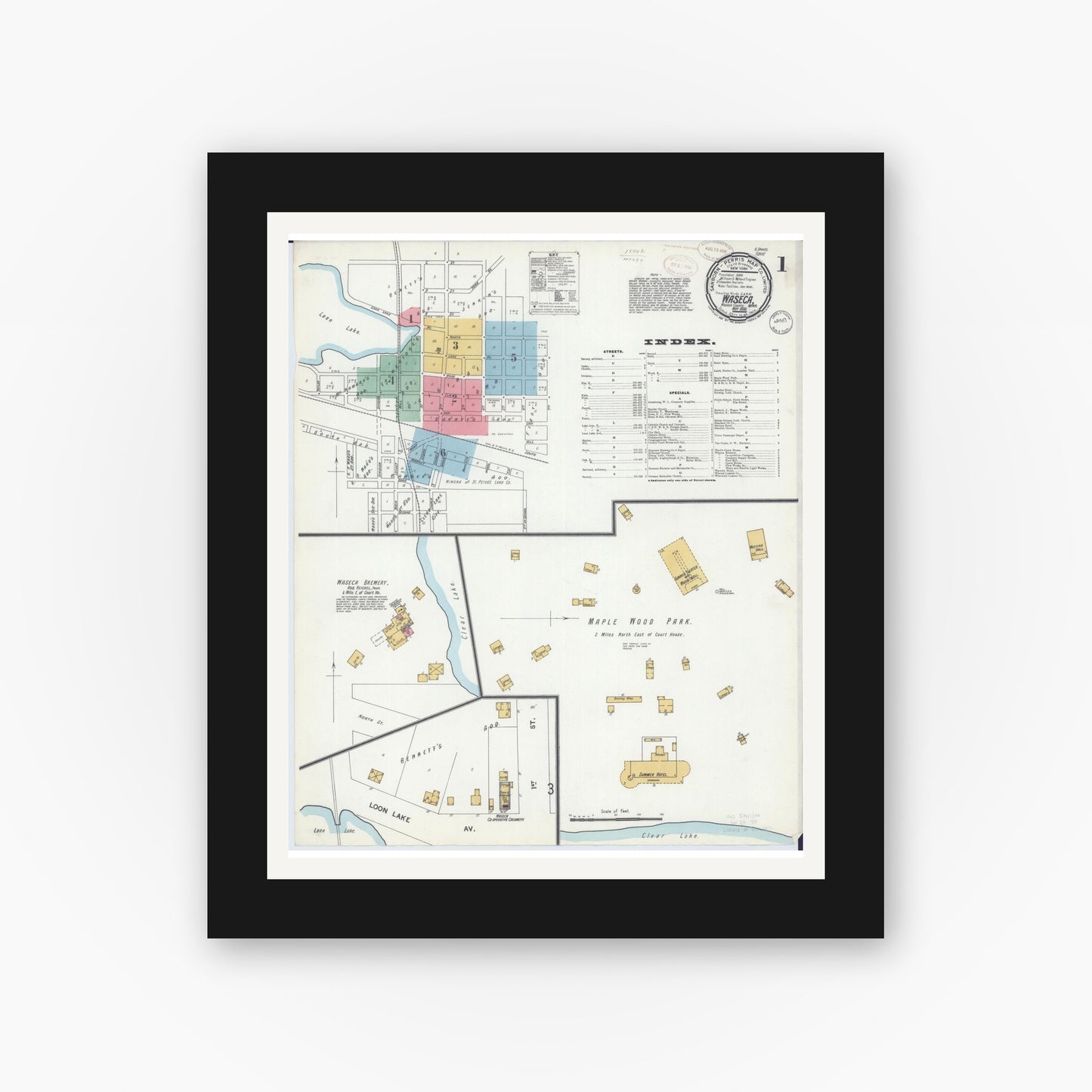 Old map wall art mockup — black gallery frame with white mat — Sanborn Fire Insurance Map from Waseca, Waseca County, Minnesota (1899), Sheet #0001