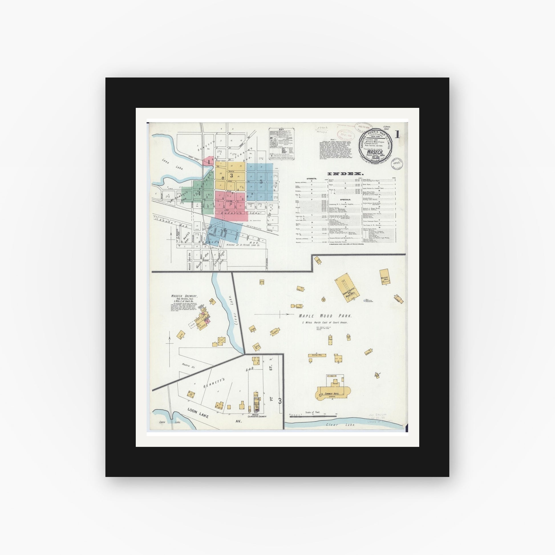 Old map wall art mockup — black gallery frame with white mat — Sanborn Fire Insurance Map from Waseca, Waseca County, Minnesota (1899), Sheet #0001