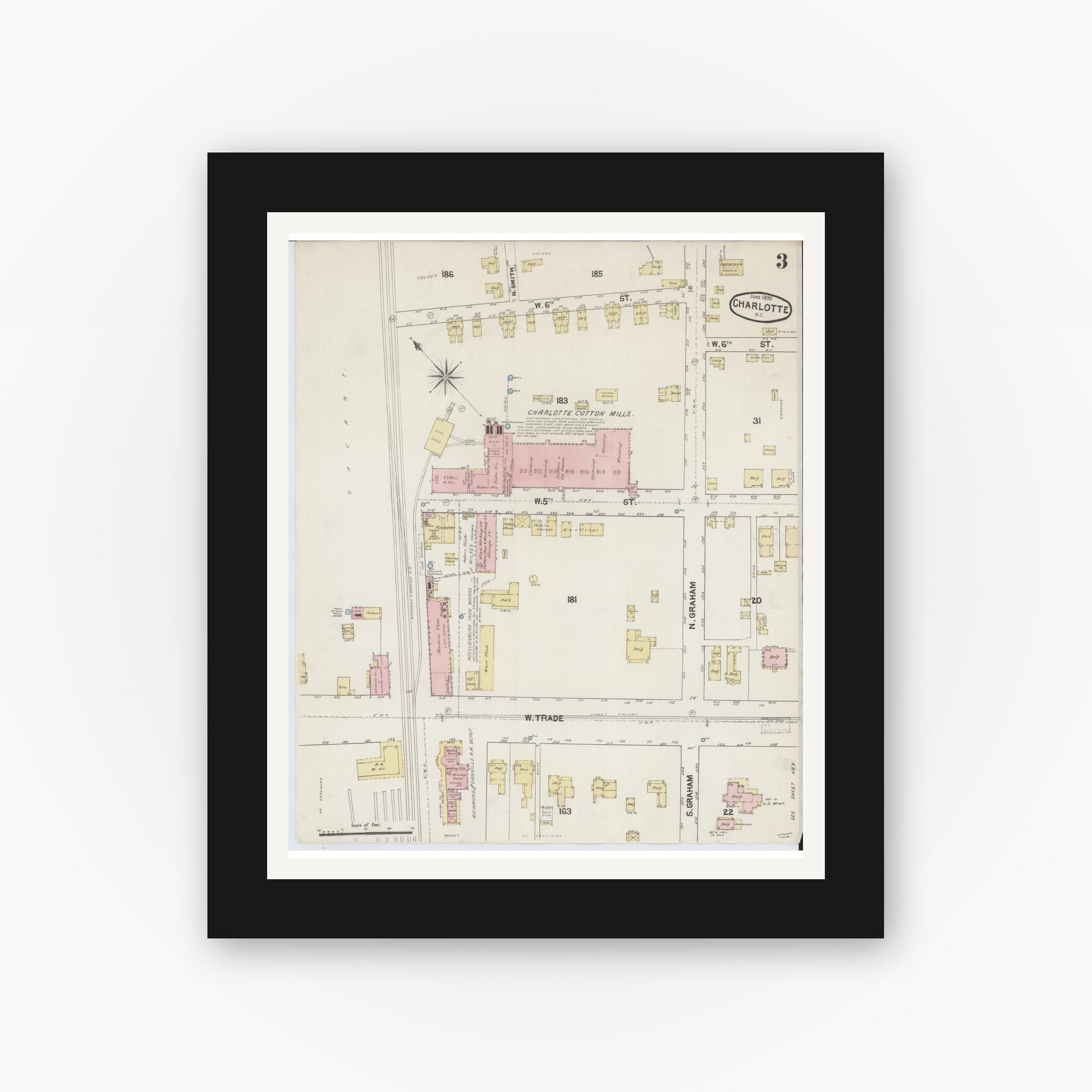Old map wall art mockup — black gallery frame with white mat — Sanborn Fire Insurance Map from Charlotte, Mecklenburg County, North Carolina (1890), Sheet #0003