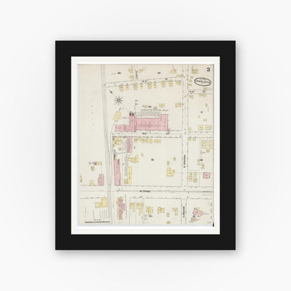 Old map wall art mockup — black gallery frame with white mat — Sanborn Fire Insurance Map from Charlotte, Mecklenburg County, North Carolina (1890), Sheet #0003