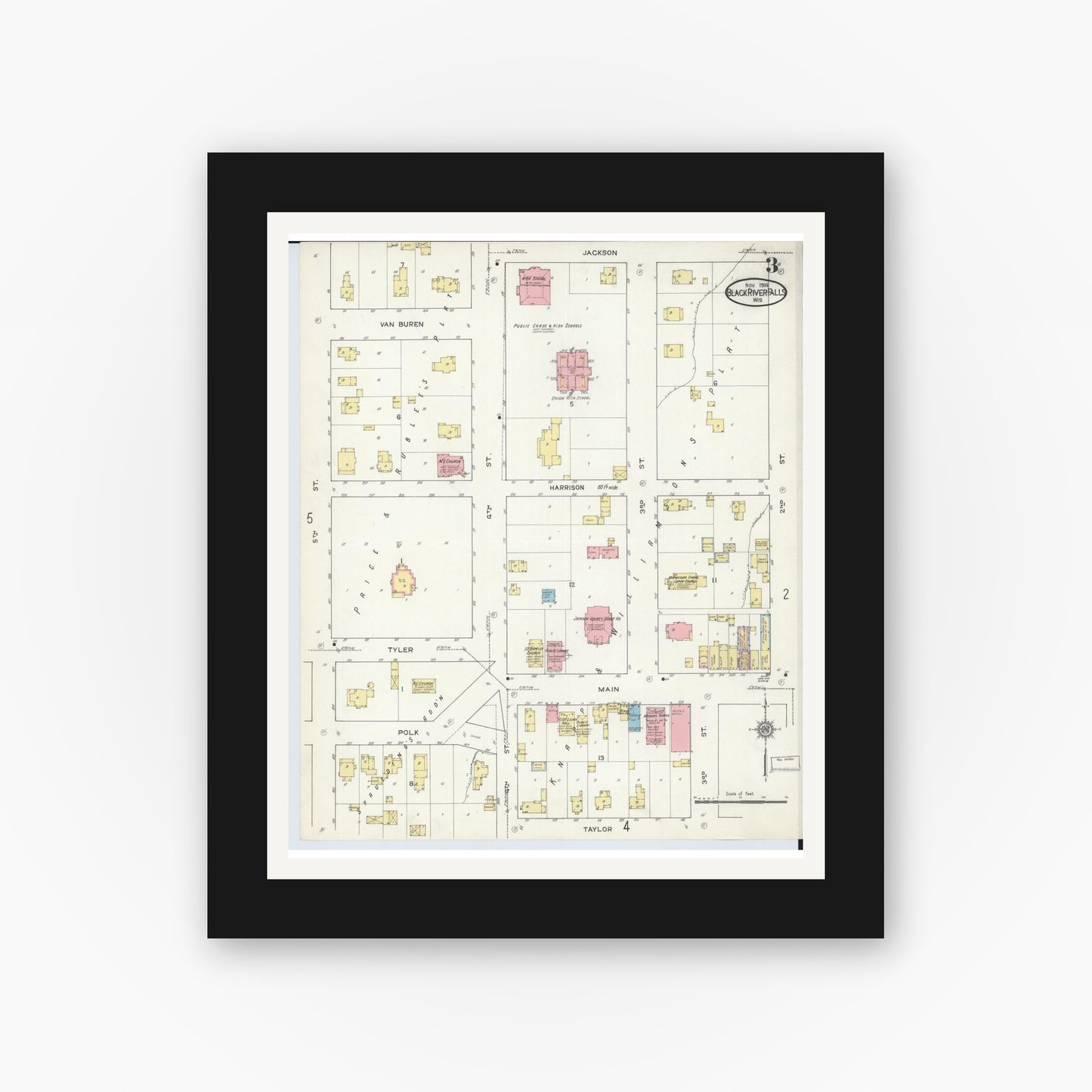 Old map wall art mockup — black gallery frame with white mat — Sanborn Fire Insurance Map from Black River Falls, Jackson County, Wisconsin (1914), Sheet #0003