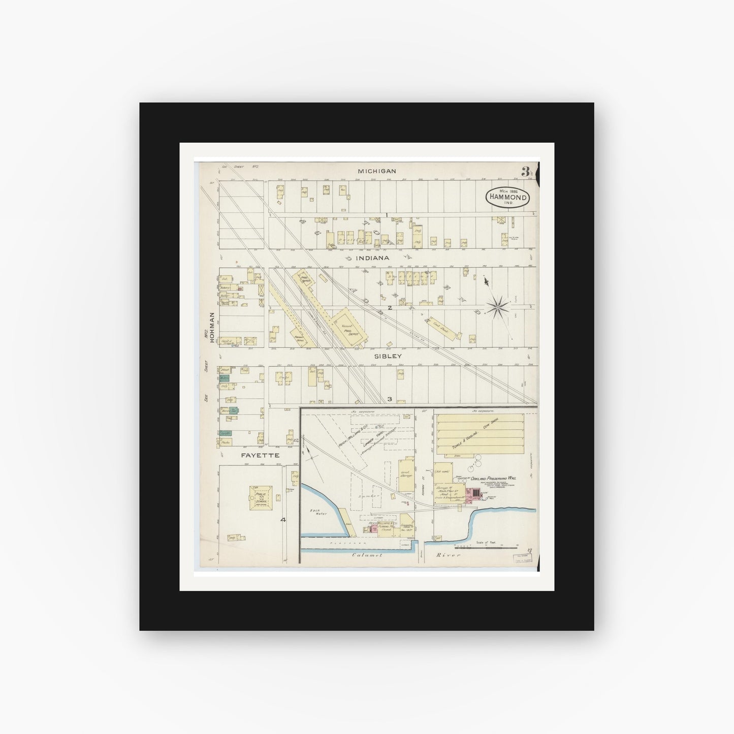Old map wall art mockup — black gallery frame with white mat — Sanborn Fire Insurance Map from Hammond, Lake County, Indiana (1886), Sheet #0003