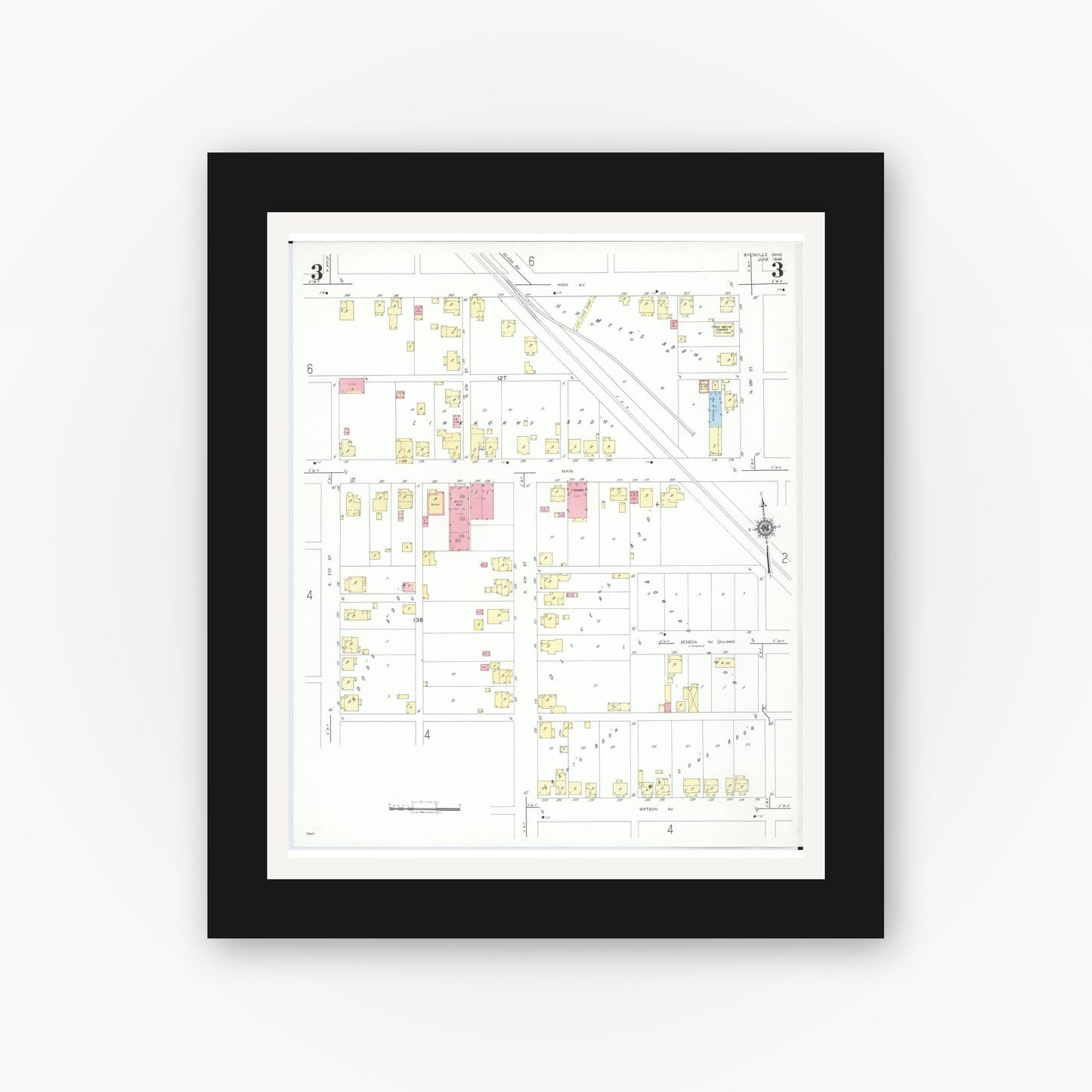 Old map wall art mockup — black gallery frame with white mat — Sanborn Fire Insurance Map from Byesville, Guernsey County, Ohio (1948), Sheet #0003