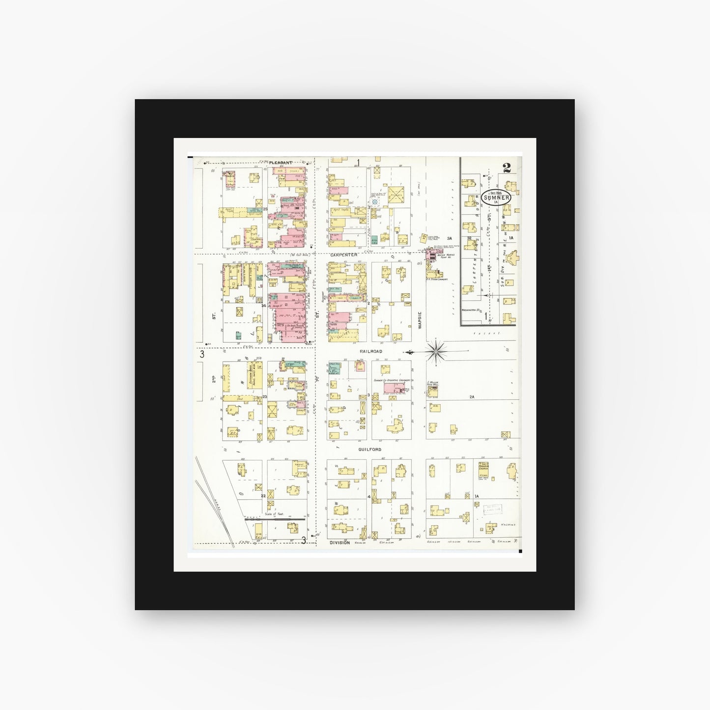 Old map wall art mockup — black gallery frame with white mat — Sanborn Fire Insurance Map from Sumner, Bremer County, Iowa (1905), Sheet #0002