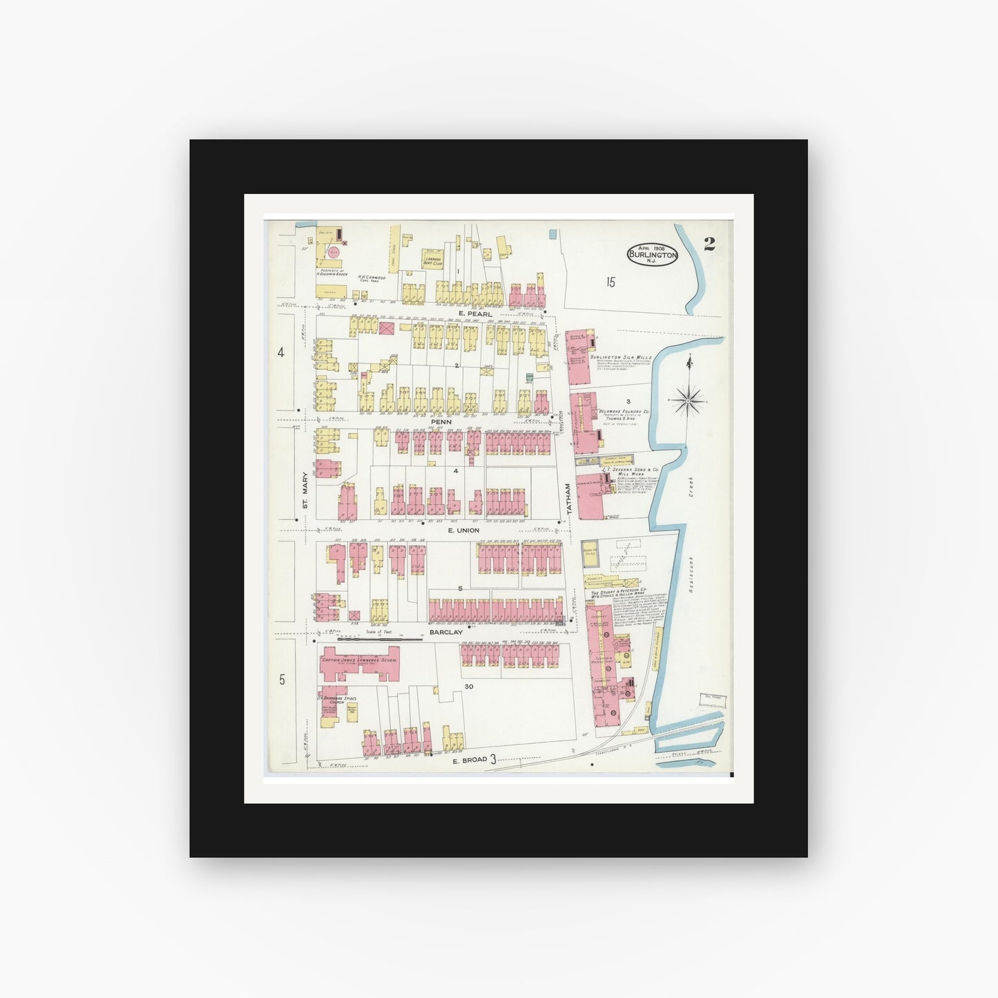 Old map wall art mockup — black gallery frame with white mat — Sanborn Fire Insurance Map from Burlington, Burlington County, New Jersey (1908), Sheet #0001