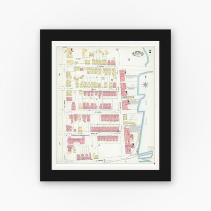 Old map wall art mockup — black gallery frame with white mat — Sanborn Fire Insurance Map from Burlington, Burlington County, New Jersey (1908), Sheet #0001