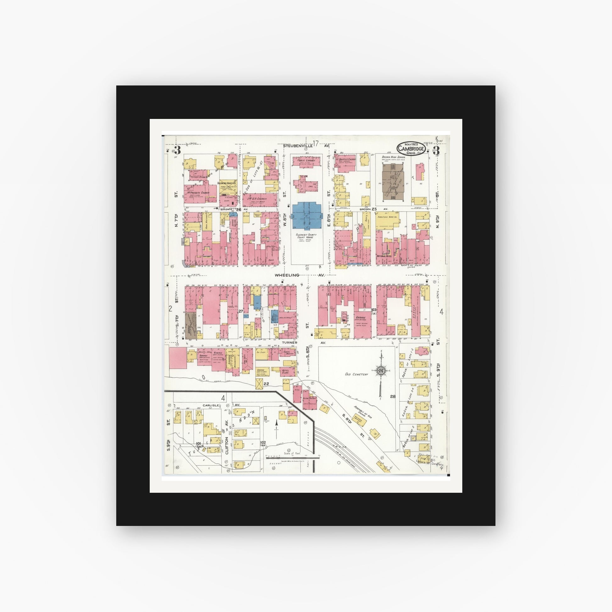 Old map wall art mockup — black gallery frame with white mat — Sanborn Fire Insurance Map from Cambridge, Guernsey County, Ohio (1923), Sheet #0003