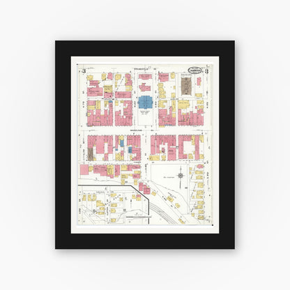 Old map wall art mockup — black gallery frame with white mat — Sanborn Fire Insurance Map from Cambridge, Guernsey County, Ohio (1923), Sheet #0003