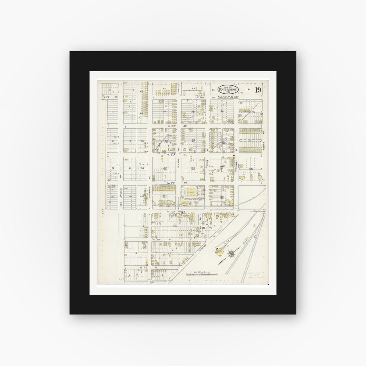 Old map wall art mockup — black gallery frame with white mat — Sanborn Fire Insurance Map from Port Arthur, Jefferson County, Texas (1915), Sheet #0019