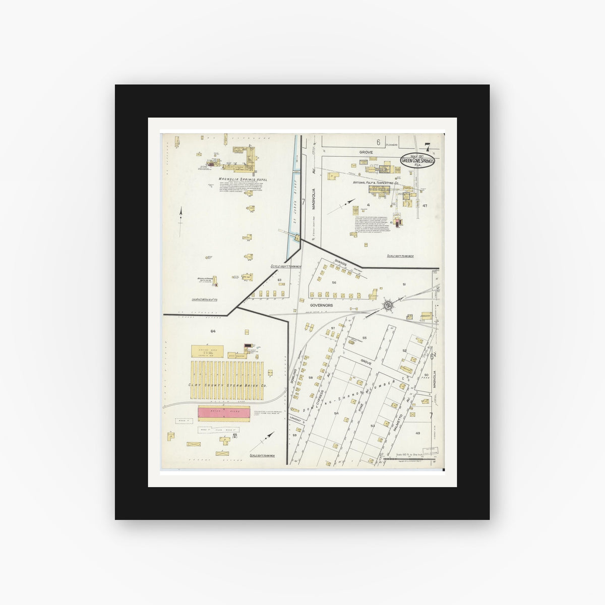 Old map wall art mockup — black gallery frame with white mat — Sanborn Fire Insurance Map from Green Cove Springs, Clay County, Florida (1917), Sheet #0007