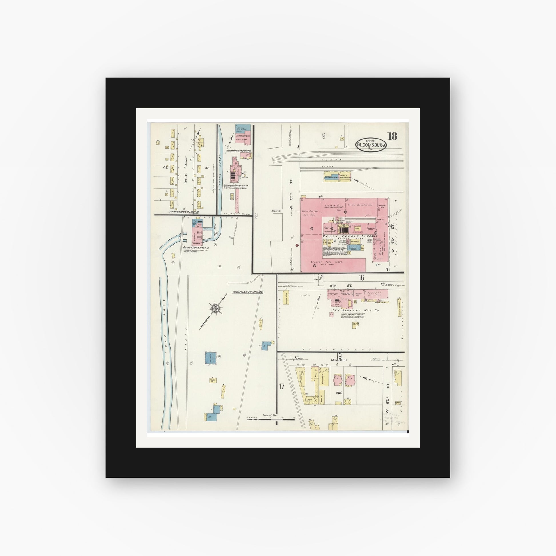 Old map wall art mockup — black gallery frame with white mat — Sanborn Fire Insurance Map from Bloomsburg, Columbia County, Pennsylvania (1913), Sheet #0018