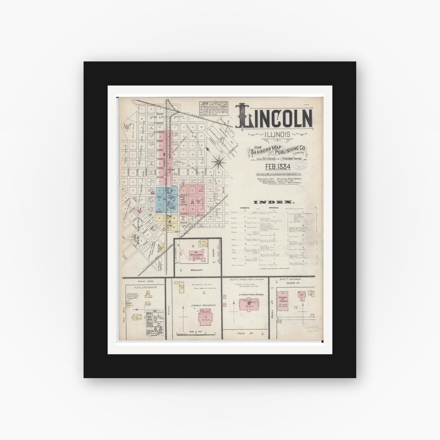 Old map wall art mockup — black gallery frame with white mat — Sanborn Fire Insurance Map from Lincoln, Logan County, Illinois (1884), Sheet #0001