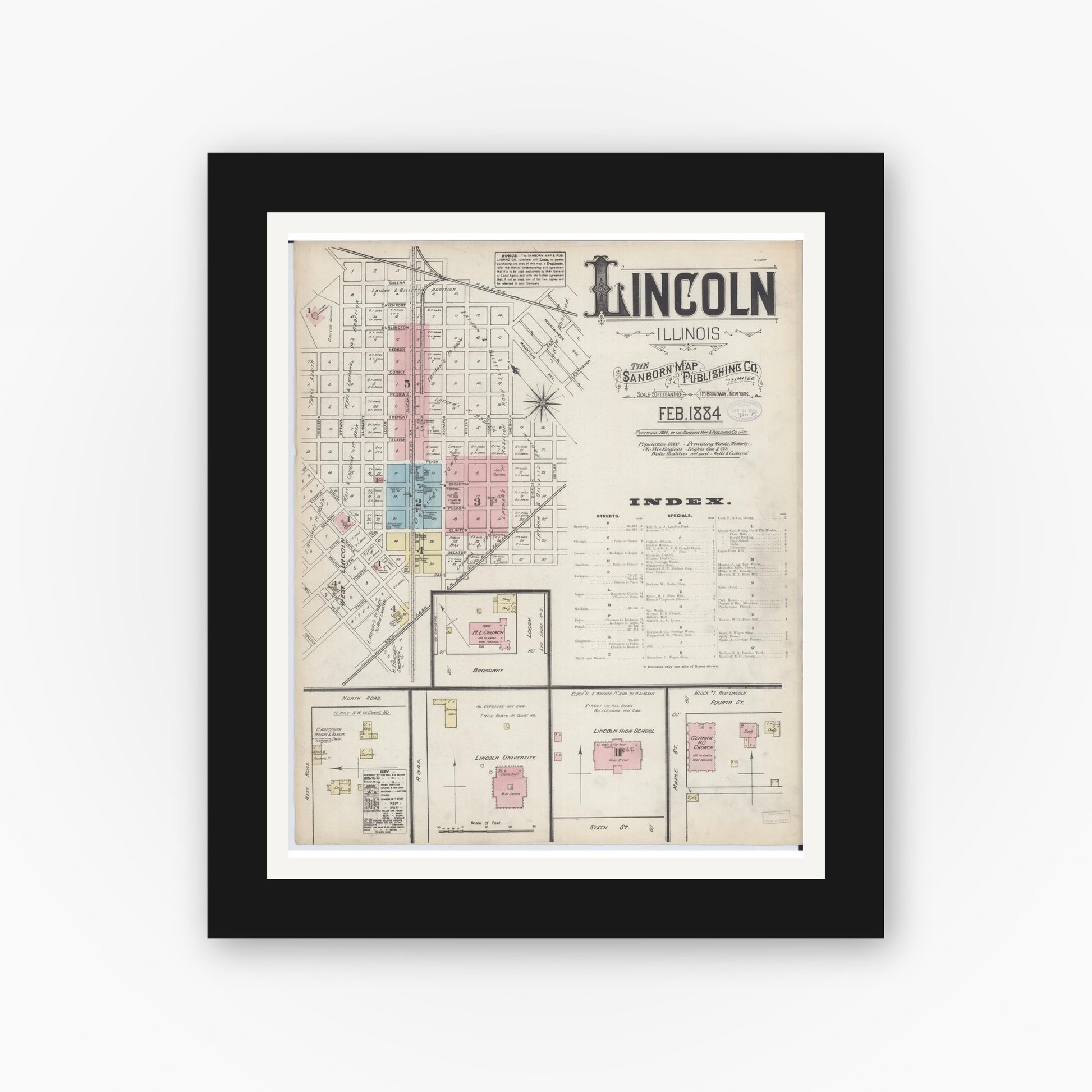 Old map wall art mockup — black gallery frame with white mat — Sanborn Fire Insurance Map from Lincoln, Logan County, Illinois (1884), Sheet #0001
