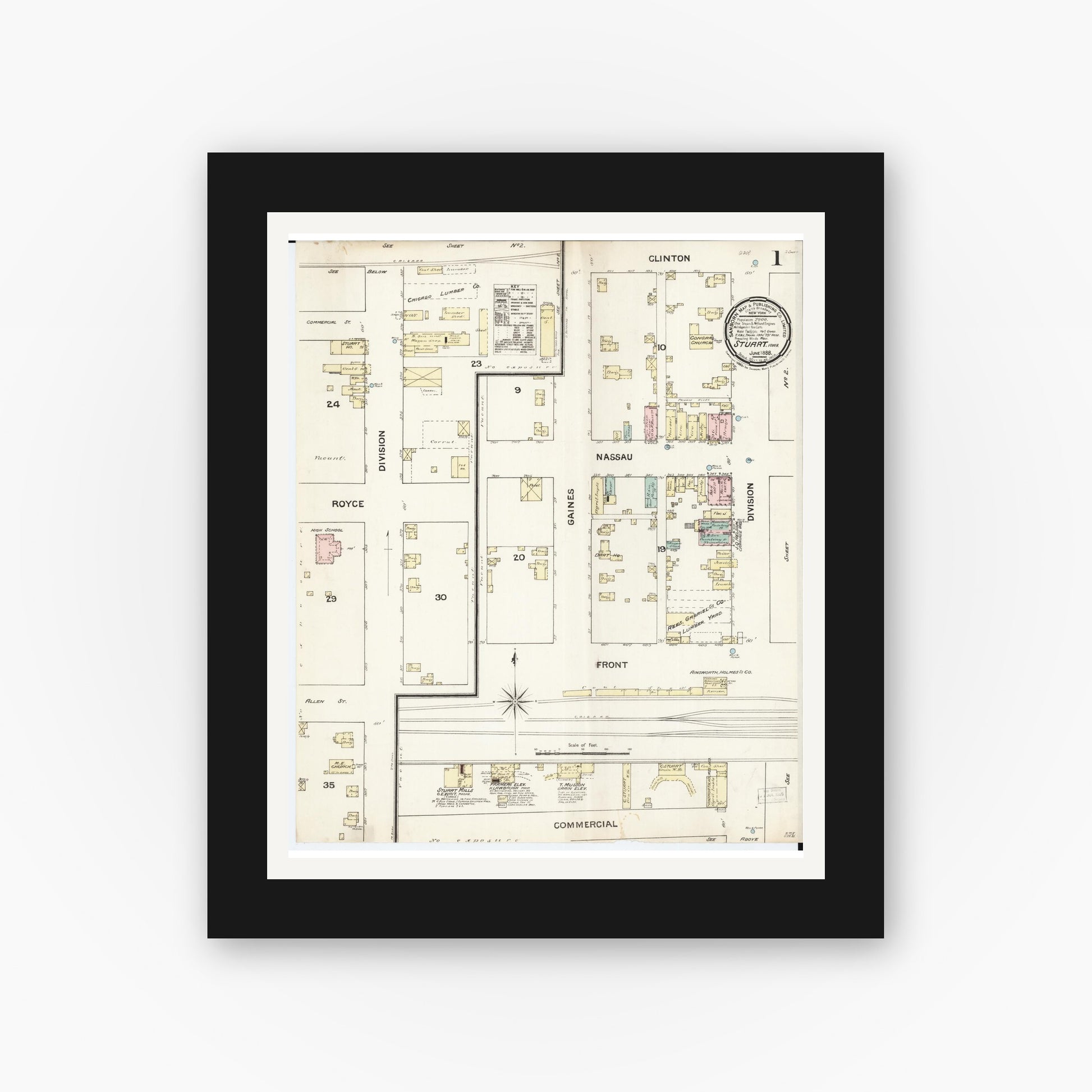 Old map wall art mockup — black gallery frame with white mat — Sanborn Fire Insurance Map from Stuart, Guthrie and Adair Counties, Iowa (1888), Sheet #0001