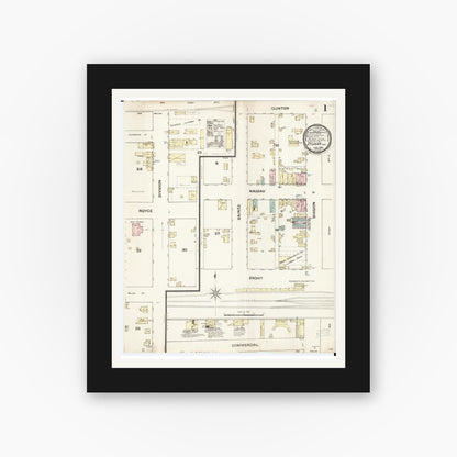 Old map wall art mockup — black gallery frame with white mat — Sanborn Fire Insurance Map from Stuart, Guthrie and Adair Counties, Iowa (1888), Sheet #0001