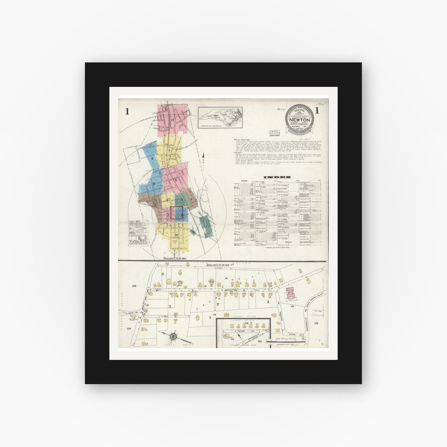 Old map wall art mockup — black gallery frame with white mat — Sanborn Fire Insurance Map from Newton, Catawba County, North Carolina (1924), Sheet #0001