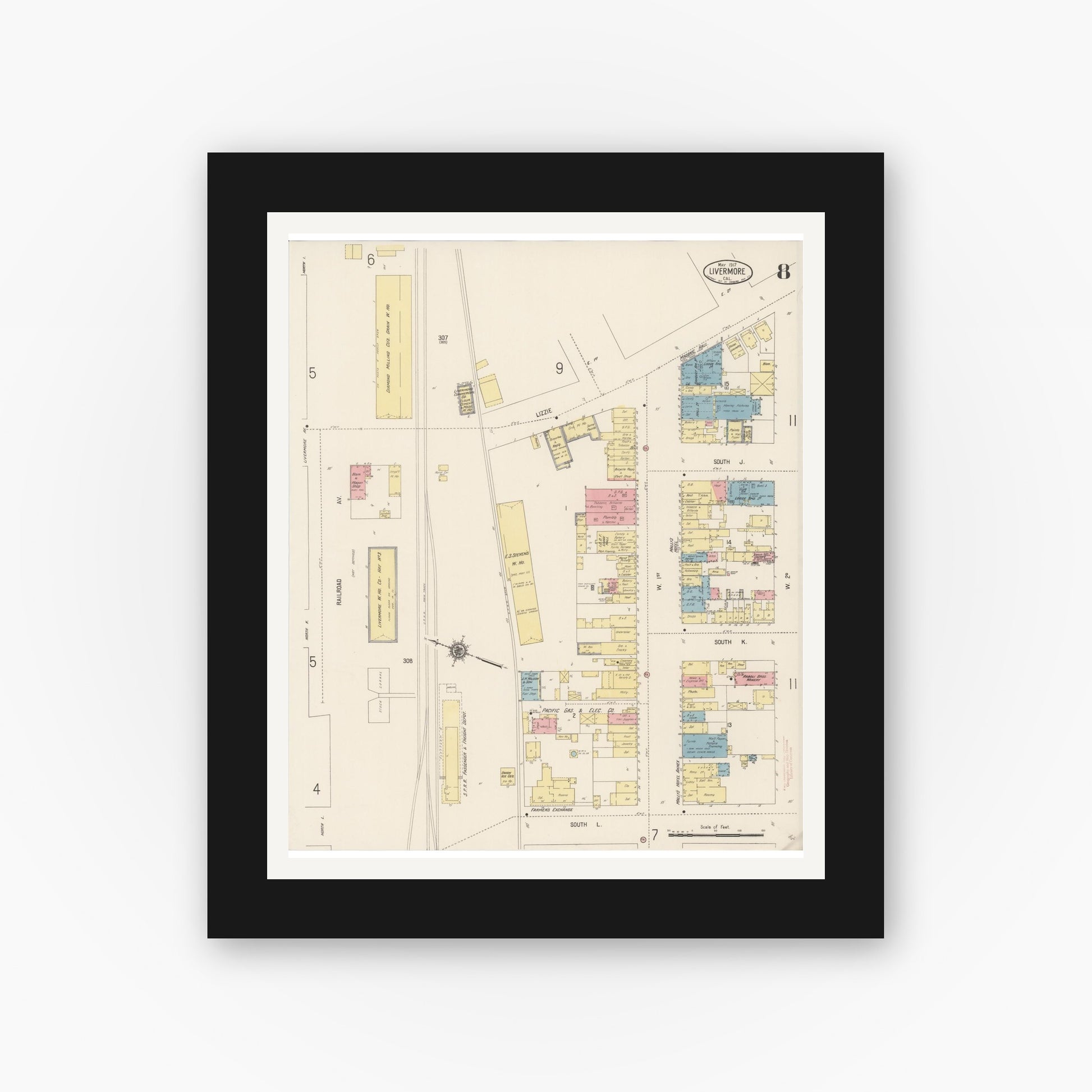 Old map wall art mockup — black gallery frame with white mat — Sanborn Fire Insurance Map from Livermore, Alameda County, California (1917), Sheet #0008