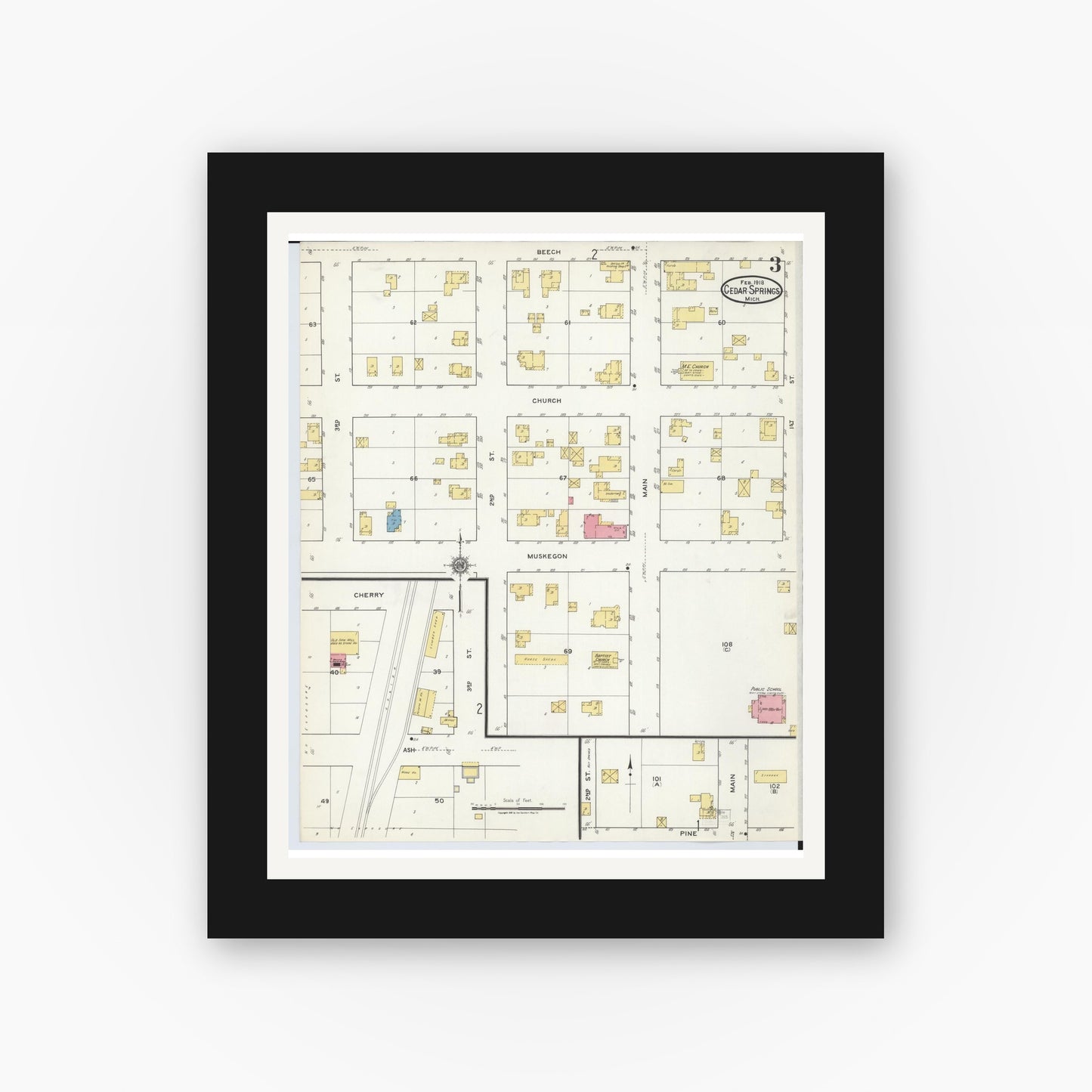 Old map wall art mockup — black gallery frame with white mat — Sanborn Fire Insurance Map from Cedar Springs, Kent County, Michigan (1918), Sheet #0003