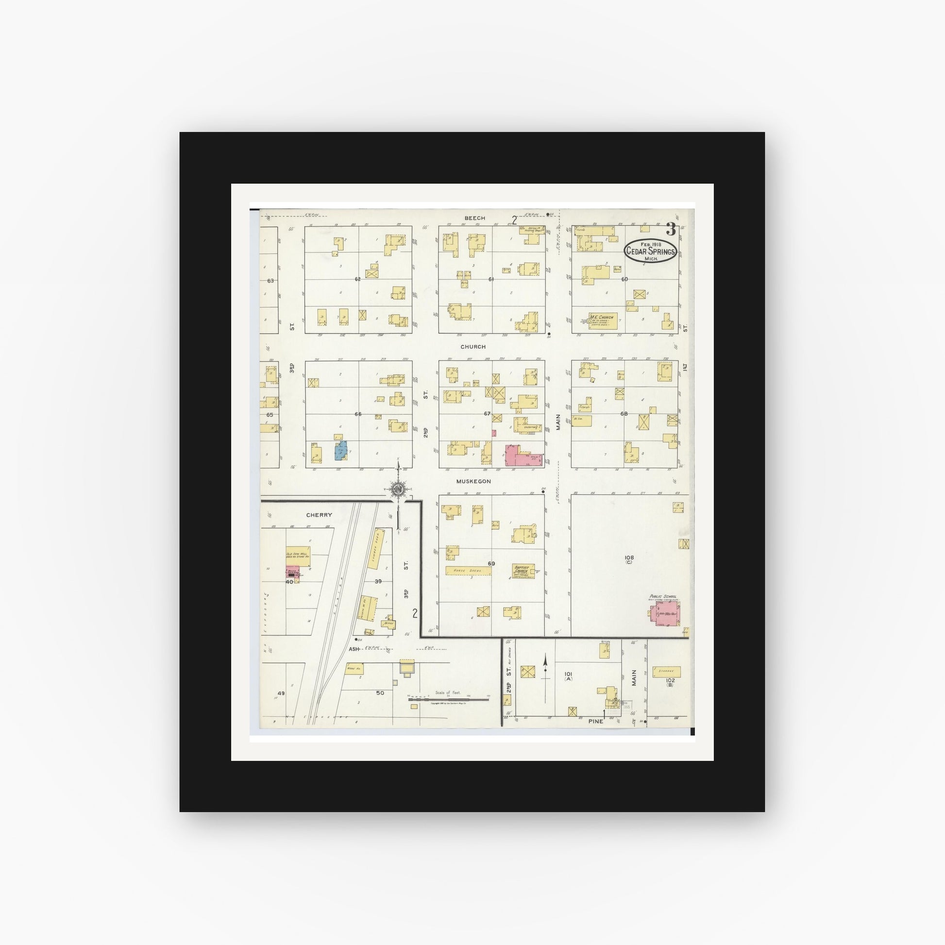 Old map wall art mockup — black gallery frame with white mat — Sanborn Fire Insurance Map from Cedar Springs, Kent County, Michigan (1918), Sheet #0003