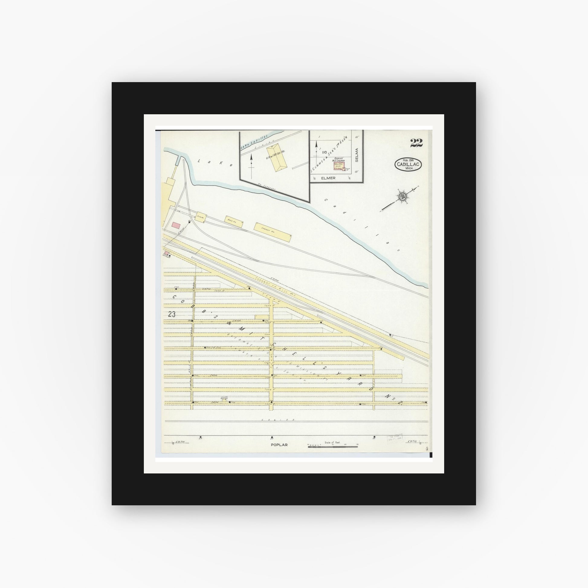 Old map wall art mockup — black gallery frame with white mat — Sanborn Fire Insurance Map from Cadillac, Wexford County, Michigan (1914), Sheet #0022