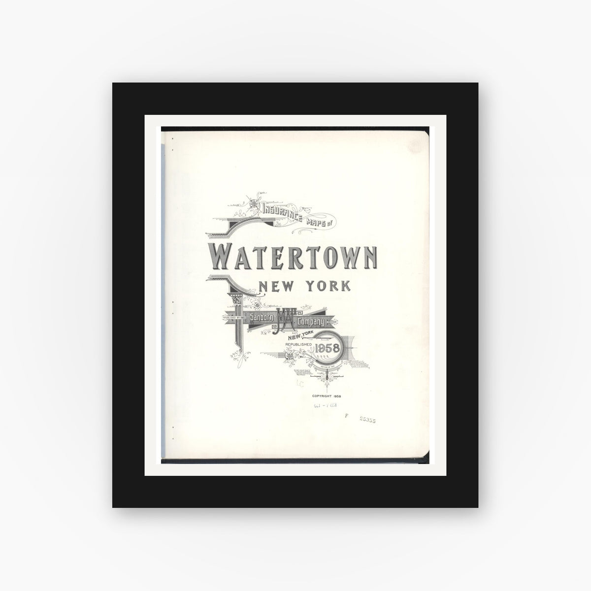 Old map wall art mockup — black gallery frame with white mat — Sanborn Fire Insurance Map from Watertown, Jefferson County, New York (1958), Sheet #0001